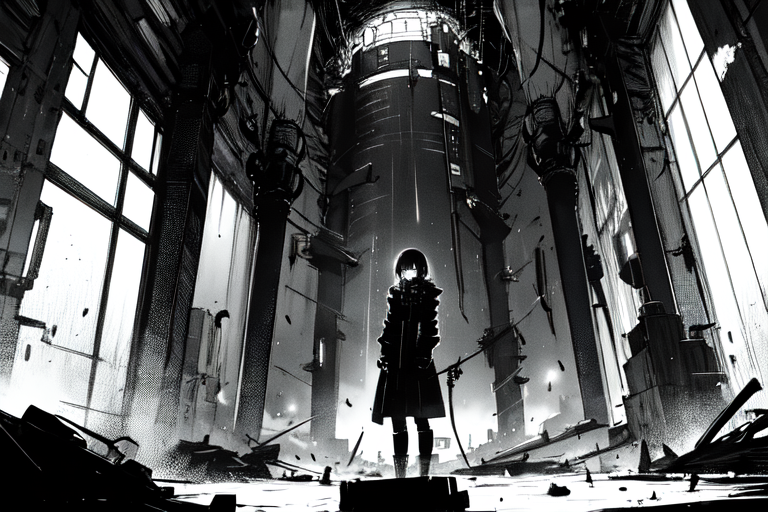 highly insanely detailed, masterpiece, top quality, best quality, highres, 4k, 8k, RAW photo, (very aesthetic, beautiful and aesthetic),  
tsutomu nihei,nihei_tsutomu,blame!,blame gakuen!,abara,TNstyle,sidonia_no_kishi,(sidonia \(ship\),tunnel,giant room,tower,city ruins,space,spacecraft), 
<lora:ABARA:0.6>, 
(1girl:1.3), 
solo focus, 
flare,fog,wet,wet body,rain,raining,night,neon lights,twilight,âââ
