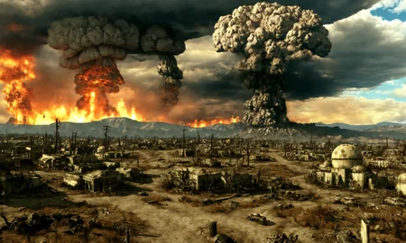 wasteland ,<lora:falloutlandsdxl:0.8>, falloutlandsdxl, landscape, best quality, masterpiece, Washington, ruined city, nuclear explosion, mushroom cloud, fire,