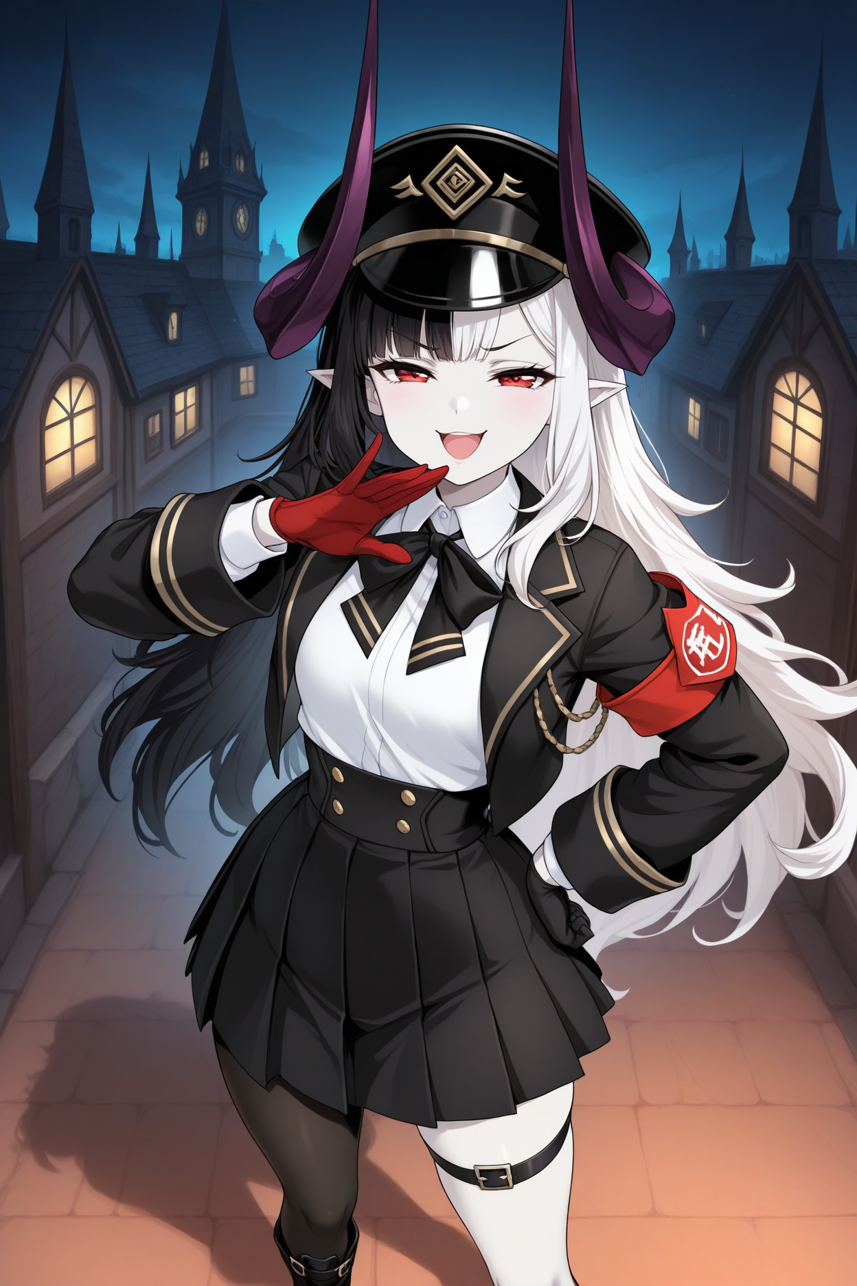 masterpiece, best quality, 1girl, solo, <lora:sdshel-illu-nvwls-v1-000006:1> sdshel, demon horns, black hair, white hair, multicolored hair, very long hair, red eyes, pointy ears, pale skin, black headwear, peaked cap, black jacket, neck ribbon, black ribbon, white shirt, collared shirt, armband, pleated skirt, black skirt, high-waist skirt, mismatched gloves, red gloves, black gloves, single leg pantyhose, thigh strap, black boots, smug, ojou-sama pose, hand up, open mouth, half-closed eyes, looking at viewer, hand on hip, night, gothic architecture, schoolhouse