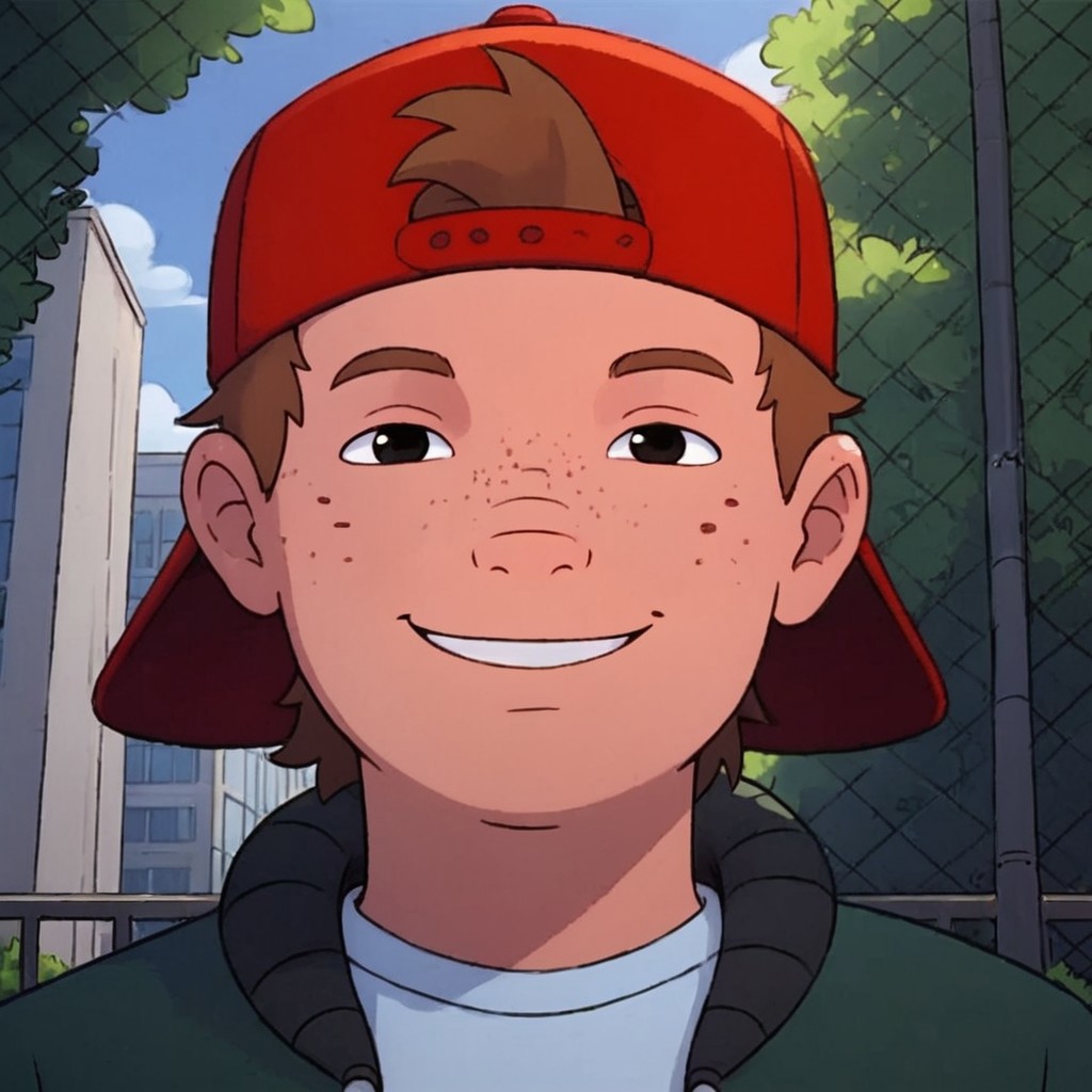 score_9, score_8_up, score_7_up, pinup boy pose, Expressiveh, a sexy 18 year old,  face focus, looking at viewer, perfect face, colorful, dramatic angle, unique perspective, unique angle, wide angle, school yard, school building in background, smile, smile, hat, backwards hat, shirt, jacket, brown hair, freckles, 1boy, solo