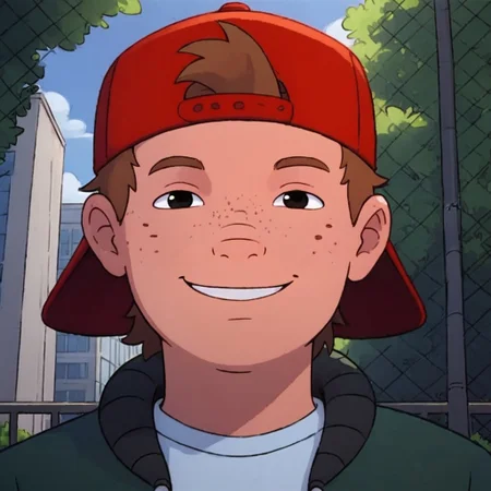 score_9, score_8_up, score_7_up, pinup boy pose, Expressiveh, a sexy 18 year old,  face focus, looking at viewer, perfect face, colorful, dramatic angle, unique perspective, unique angle, wide angle, school yard, school building in background, smile, smile, hat, backwards hat, shirt, jacket, brown hair, freckles, 1boy, solo