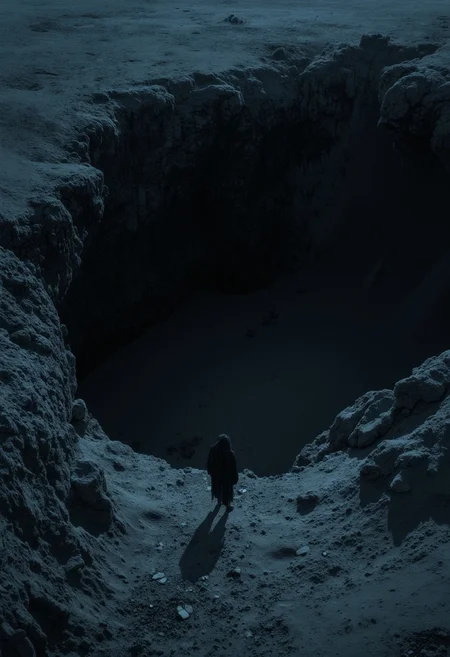 aerial view of a person standing on a vast crater looking down into the dark abyss long enough for the abyss to stare back in form of a errie smirking monstrous abomination,   <lora:MJanime_Flux_LoRa:1>  <lora:- Flux1 - vanta_black_V2.0:.5>