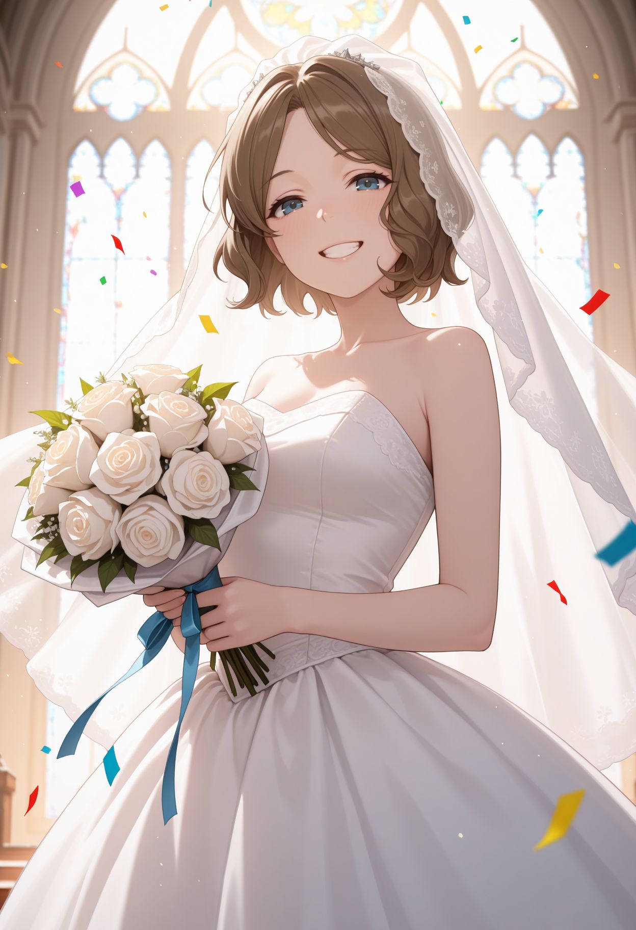 masterpiece,best quality,absurdres,highres,very aesthetic,high quality,detailed,insanely detailed,beautiful,perfect lighting, looking at viewer, 
 <lora:Wannai Kinuho illu:1> 1girl, brown hair, short hair, blue eyes,  white background, grin, 
 (wedding dress, veil, church, holding bouquet, (confetti:1.1), smile, open mouth, white dress, wedding dress), indoor