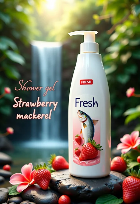 Close up of Shower gel bottle. This image is a high-fashion advertisement for Shower gel.
The bottle rests on a stone - a tall white plastic bottle of Shower gel. The bottle featuring image of mackerel fish and delicious strawberry. Writing on the bottle "FRESH". Smaller writing on the bottle "shower gel".
aidmatextimprover.
Big words text inscription to the left of the bottle "Shower gel Strawberry mackerel".
The scene takes place in an enchanted tropical forest with waterfall and exotic glowing flowers scattered throughout. The aesthetics are romantic, sunny, cool, fresh, diffused light, rich colors, and a sense of otherworldly beauty.