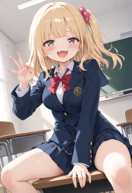 1girl, medium breasts, school uniform,
mesugaki, smile, looking at viewer, blush, hand up, skin fang, <lora:mesugaki_Pony_v1:0.9>
dutch angle, feet out of frame, looking at viewer, blonde hair, silver eyes,scared, music room, open mouth, shiny hair,,