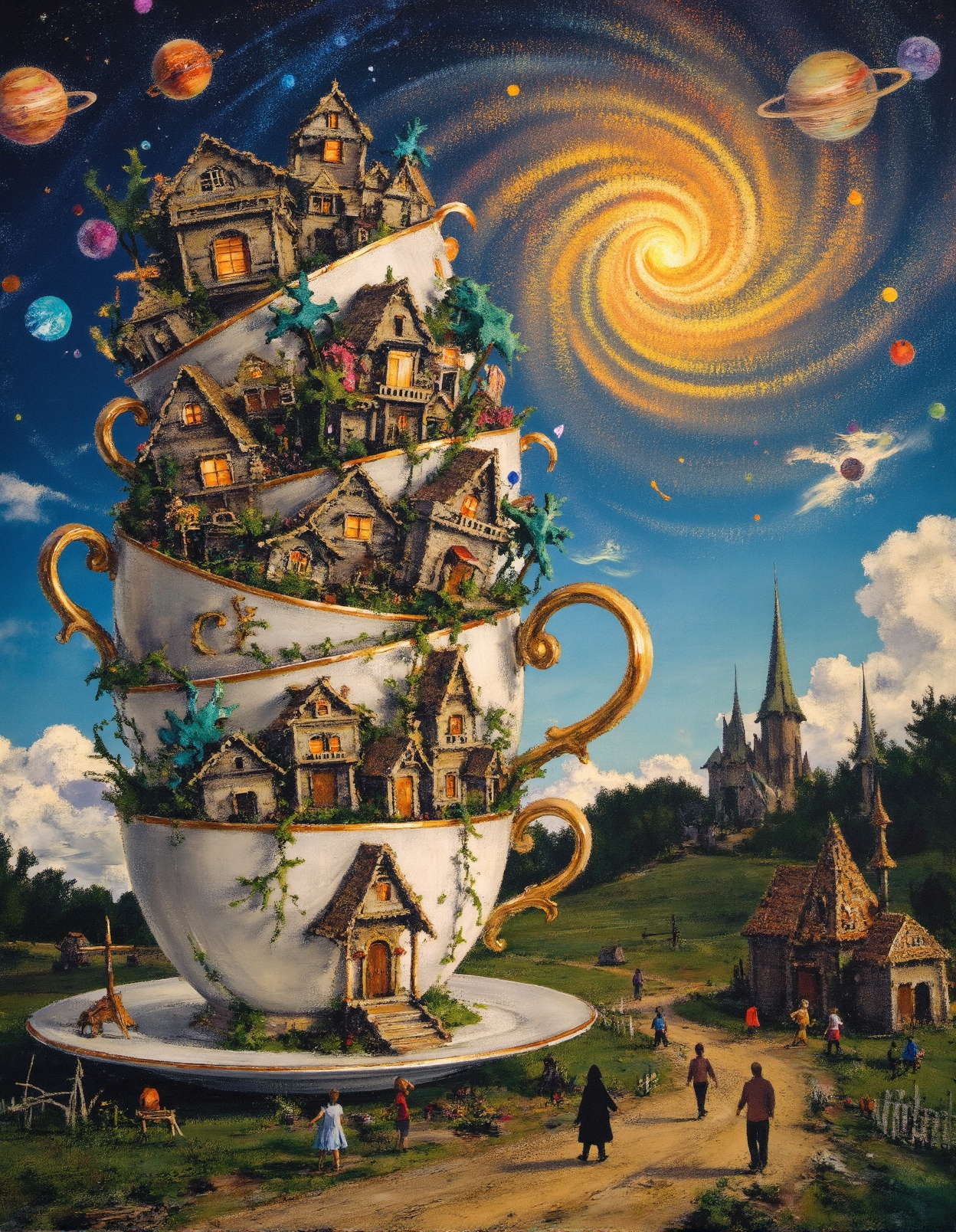 A surreal, enchanted village seamlessly woven into a towering stack of ornate porcelain teacups, each overflowing with fairy-tale houses featuring pointed rooftops, glowing windows, and overgrown balconies adorned with delicate vines and mystical blue trees. The teacups are decorated with elaborate golden swirls and cosmic embellishments, their handles curling gracefully like enchanted tendrils of energy. The village is bathed in a magical glow, as a swirling nebula of golden stardust spirals into the heavens, illuminating the rooftops and the quiet cobblestone paths where shadowy figures walk in awe. The surrounding landscape is dotted with whimsical, crooked houses with gothic spires, and the air is thick with floating luminescent planets, celestial orbs, and glowing constellations, giving the scene an otherworldly, mystical charm.
 <lora:aidmaHyperrealism-FLUX-v0.3:0.6> <lora:FluxDFaeTasticDetails:0.25> <lora:fechin-FLUX:0.75>