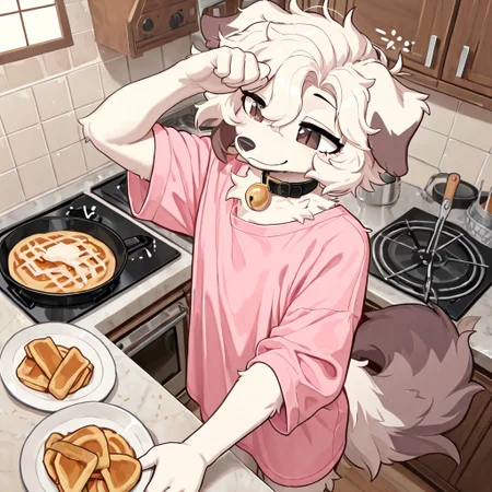 masterpiece, best quality, newest, absurdres, highres, furry, perfect anatomy, detailed background, detailed character, detailed face, 1nf1,1girl,solo,furry,furry female,dog girl,dog ears,short hair,white hair,brown eyes,snout,animal nose,collar,neck bell,body fur,two-tone fur,dog tail, indoors, kitchen, cooking, hand on pan, flipping pancakes, stove, pancakes, pink shirt, oversized shirt, shirt to legs, sleepy, messy hair, messy fur, smile, happy, standing, baggy eyes, half-closed eyes,