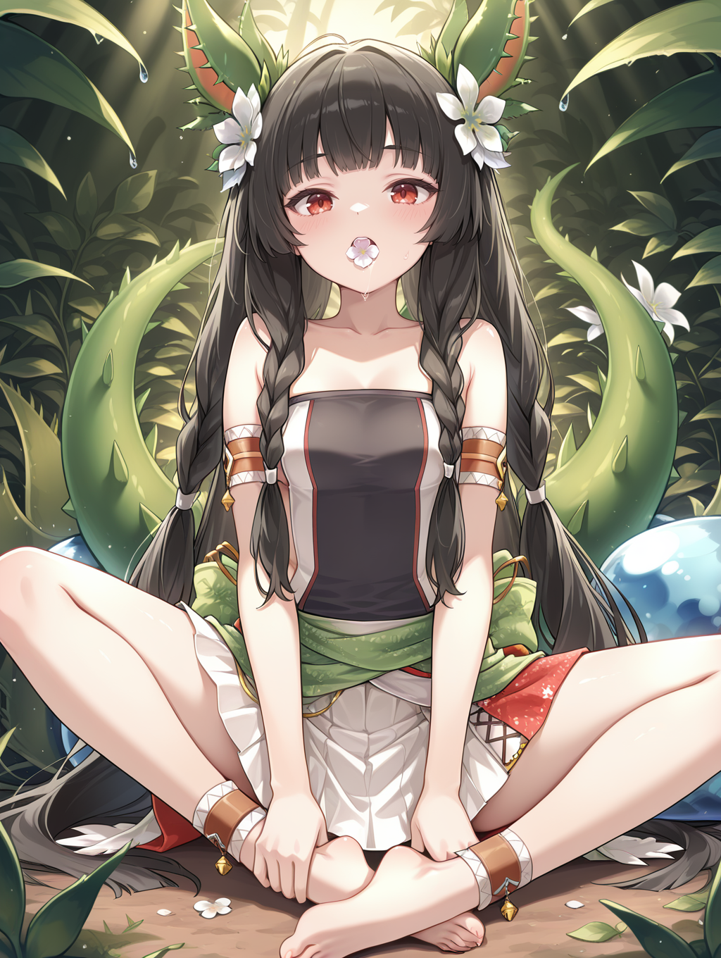 traptrix dionaea,1girl,solo,barefoot,sitting,looking at viewer,collarbone,open mouth,red anklet,white flower,mouth hold,full body,venus flytrap,in venus flytrap,venus flytrap ears,plant girl,white hair flower,red armband,green back bow,white strapless shirt,white skirt,slime,twin braids,
masterpiece,best quality,amazing quality,very aesthetic,absurdres,newest,<lora:Traptrix Dionaea illuXL v1.1:0.82>,