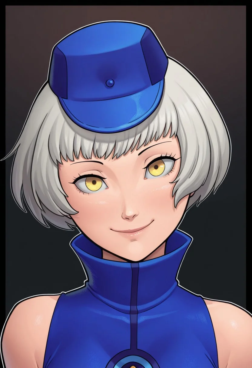 (1girl, solo),
masterpiece, best quality, amazing quality,
black border, gradient background, outline,
rzlln,
elizabeth \(persona\), sleeveless blue dress, hat, face focus, smile, head tilt,
