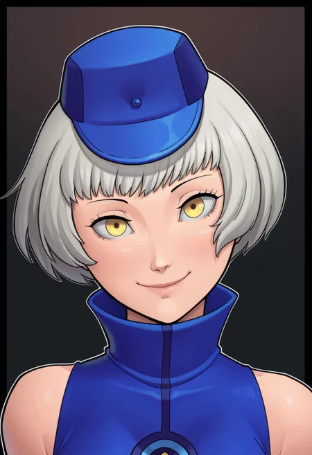 (1girl, solo),
masterpiece, best quality, amazing quality,
black border, gradient background, outline,
rzlln,
elizabeth \(persona\), sleeveless blue dress, hat, face focus, smile, head tilt,