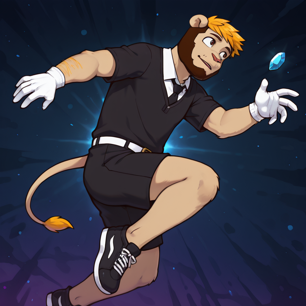 Furry, male, 1boy, lion, lion boy, lion ears, lion tail, tail, blonde hair, light brown fur, focused, jumping, leg down, black shirt, short sleeves, white collared shirt, black necktie, white gloves, black shorts, white belt, sneakers, black footwear, looking to the side, parted lips, dark theme, abstract background, detailed background, crystal, diamond \(shape\), gem, diamond \(gemstone\), detailed clothes, game cg, gacha splash, intricate details, from below, from side, dynamic angle, dynamic pose, pose, dutch angle, detailed eyes, nice eyes, masterpiece, best quality, amazing quality, very aesthetic, highres, absurdres, <lora:Emilio:1>, <lora:add-detail-xl:0.5>, <lora:Expressive_H:0.2>, <lora:spo_sdxl_10ep_4k-data_lora_webui:0.2>, <lora:sdxlVAE_sdxlVAE:0.1>, <lora:noobai_ep11_stabilizer_v0.138_fp16:0.3> , <lora:noobaiXLNAIXL_epsilonPred11Version-lora:0.1>