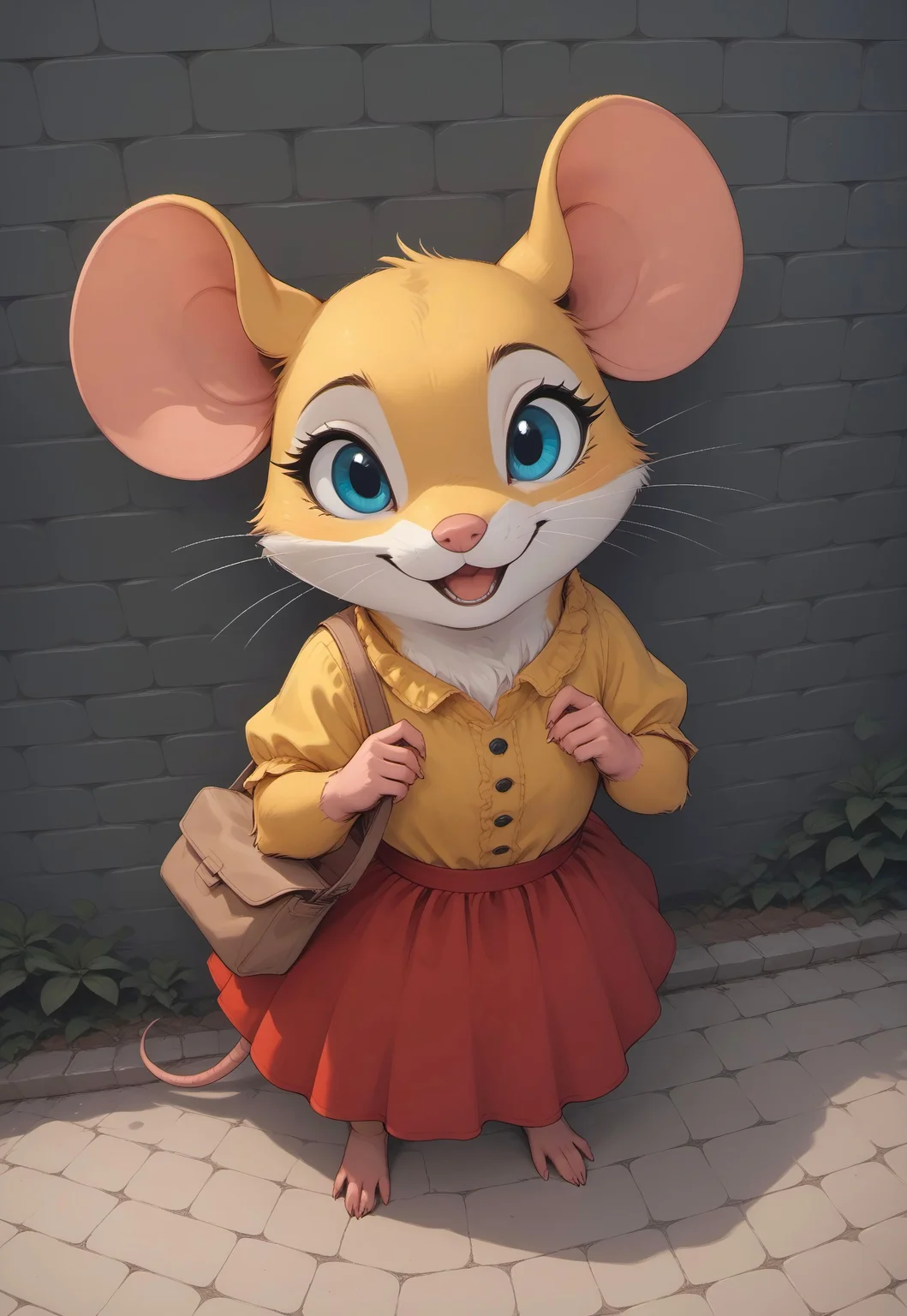 score_9, score_8_up, score_7, 

[][][][],

m0use_goldie, yellow frilly shirt, red skirt, (messenger bag), groceries,

[][][][],

cute, (feral), (cheerful expression), (open mouth:0.7), standing, (tail),

[][][][],

outdoors, building, (ivy, wall:1.5), (simple background), (high angle view:2), looking at viewer,