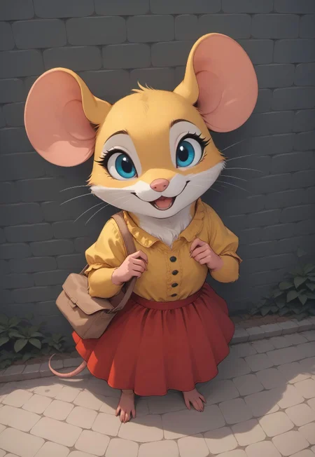 score_9, score_8_up, score_7, 

[][][][],

m0use_goldie, yellow frilly shirt, red skirt, (messenger bag), groceries,

[][][][],

cute, (feral), (cheerful expression), (open mouth:0.7), standing, (tail),

[][][][],

outdoors, building, (ivy, wall:1.5), (simple background), (high angle view:2), looking at viewer,