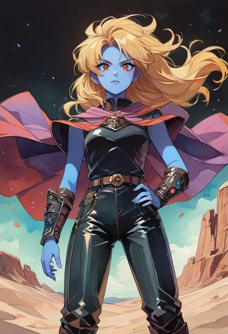 watercolor \(medium\), traditional media, ncpy13 style, pastels drawing, abstract painting, <lora:ncpy13 style:1>, score_9, score_8_up, score_7_up, Detailed, semi-realistic 90s dark fantasy anime, Vintage,1990s \(style\), perfect eyes, partially illuminated, GLSHS, InkToon, 
BREAK
1woman, 25yo, mature, Anime_source, (4k), depth of field, (Masterpiece), extremely detailed, intricate, small breast, hyper detailed, bokeh, high resolution, sharp detail, best quality, woman, (blue skin:1.3), long hair, blonde hair, red eyes, breastplate, arm guards, purple cape, fur trim, black leather pants, purple waist cape, tall iron boots, <lora:GoodHands-vanilla:0.4>, <lora:detail_slider_v4:0.8>, dynamic pose, (standing),   <lora:Rona:0.8>, sand dunes, desert, desert city night, dust particles,
BREAK
from below view, looking at viewer,