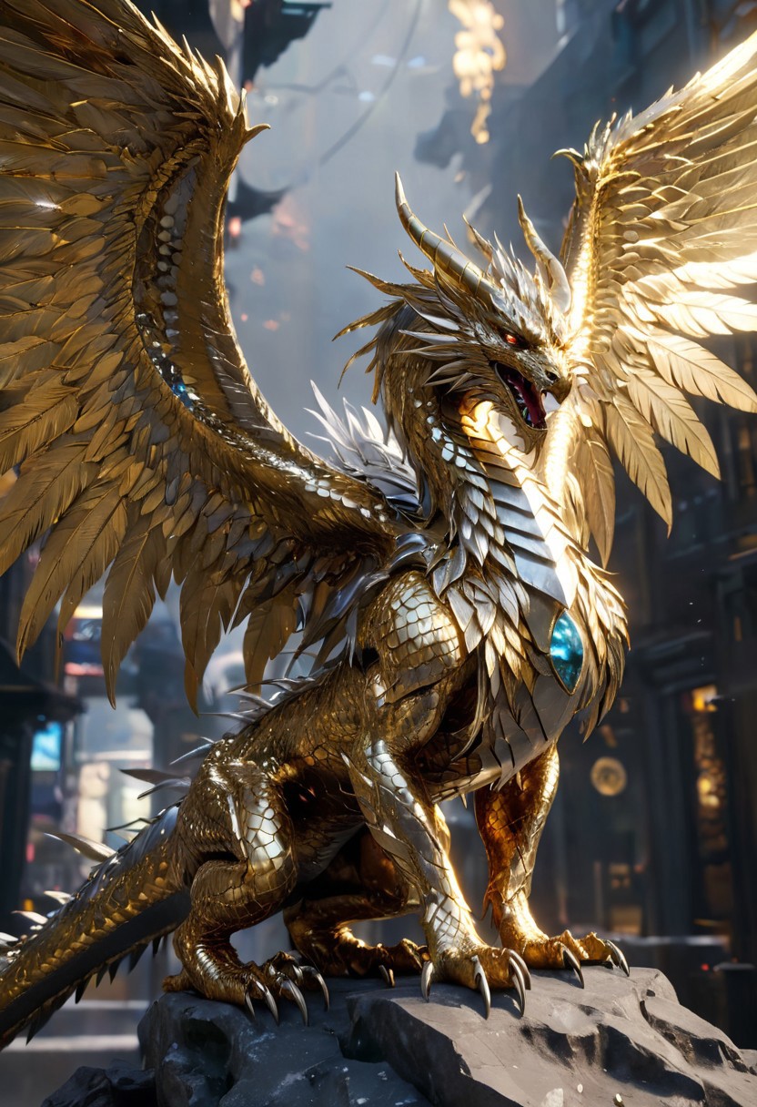 An insanely Detailed Divine Dragon, feral, fullbody, winged, 2wings, feathers wings, Golden and silver in color, cyberpunk, Diamond and Onyx eyes, a silver tinge to the golden color, Hyperdetailed, Omnipresent, Beautiful, Sinister overtones, a clash of Good and Evil in the background promoting Golden silver Blacks, otherworldly, in action pose