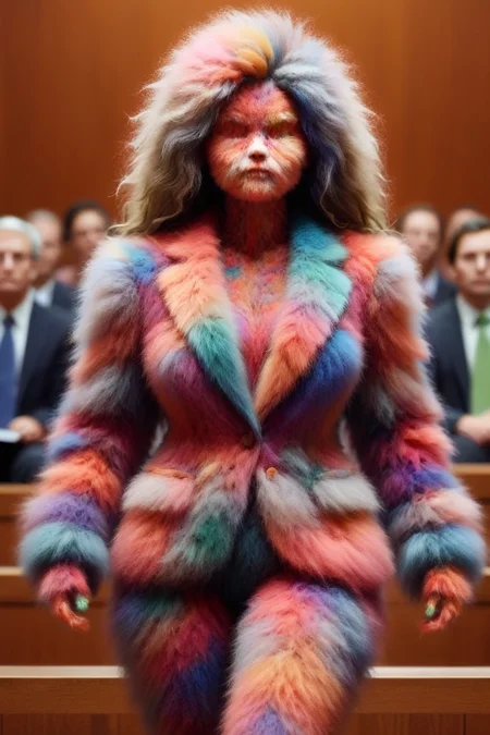 martius_fuzz woman, lawyer in court, colorful  <lora:Colorful_Fuzzy_Style:1.2>