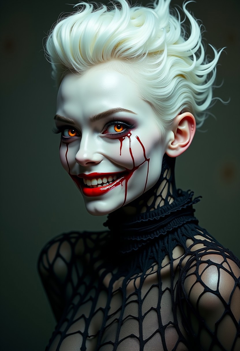 A close-up portrait of a woman with pale skin and white hair styled in a sharp, dramatic fashion. She has a sinister smile, with red lipstick and a clown-like red tear streak running down her cheek. Her eyes are a deep orange, and her expression is unsettling and menacing. She is wearing a black, web-like garment that appears to be a part of her body.
[Digital art, dark fantasy, horror], [Inspired by the work of Greg Rutkowski], [Focus on the face and the web-like garment, dramatic lighting with strong shadows, muted colors with pops of red, highly detailed and textured]