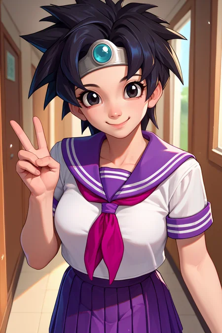 score_9, score_8_up, score_7_up, score_6_up, source_anime, BREAK 1girl, solo, <lora:dq3heroine-pdxl-nvwls-v1-000004:0.9> dq3heroine, black hair, black eyes, spiky hair, circlet, white shirt, purple sailor collar, neckerchief, pleated skirt, purple skirt, looking at you, happy, hallway, medium breasts, smile, peace sign, closed mouth