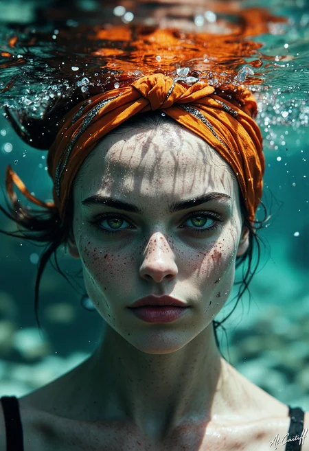 Underwater shot. Extreme close-up of a womanâs face fully submerged in turquoise water, her emerald green eyes, sharp and luminous, staring into the distance with quiet intensity. Her full lips are slightly parted, as if caught between a whisper and a sigh. A orange silk headscarf, adorned with intricate silver details. The waterâs ripples around her, distorting her image, while the warm sunlight enters the water and cuts across her face on clear beans of light, casting elongated shadows that deepen her pensive expression. A marine coral on the background blurry., fg, l1n0c2t<lora:Flux/Stylized-Super-Texture.safetensors:0.5000000000000001:0.5000000000000001> <lora:CustomFlux/MysticFantasy.safetensors:0.25000000000000006:0.25000000000000006> <lora:Flux/Linocut - s1 g4.safetensors:0.30000000000000004:0.30000000000000004> <lora:CustomFlux/MysticRealism.safetensors:0.7000000000000002:0.7000000000000002>