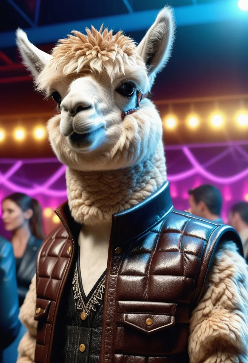 a alpaca with leather clothing in a cool club, party alpaca, very detailed, 4k, sharp
