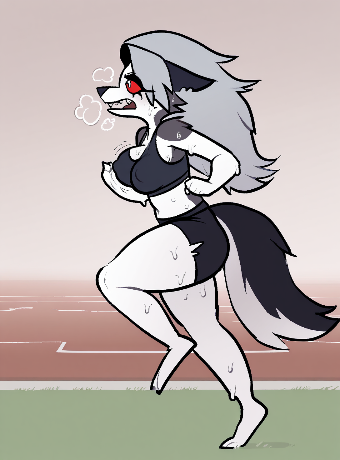 <lora:Clementyne_Style_Illustrious:1>, clementyne, aliasing, low quality, loona \(helluva boss\),  athletic, running, track field, looking ahead, black sports bra, puffy nipples, covered nipples, black spats, midday, solo, 1girl, sweaty, excited, sharp teeth, fangs, low angle, full body, steamy, heavy breathing, bouncing breasts, profile