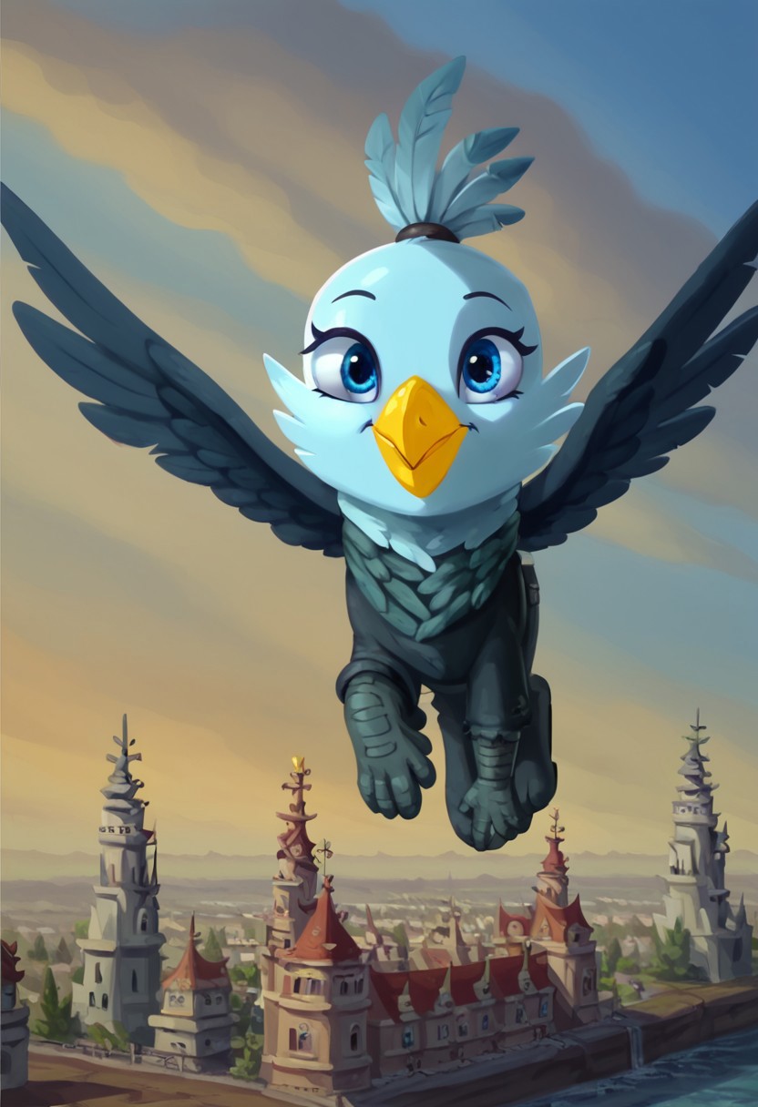 score_9, score_8_up, score_7_up, high quality, 1girl, solo, Genevieve Guildedwing, griffon, mlp, avian, feral, female, thin eyebrows, blue eyes, long eyelashes, yellow beak, bright feathers, feathery ears, flying in the sky, happy, sunny day,