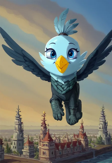 score_9, score_8_up, score_7_up, high quality, 1girl, solo, Genevieve Guildedwing, griffon, mlp, avian, feral, female, thin eyebrows, blue eyes, long eyelashes, yellow beak, bright feathers, feathery ears, flying in the sky, happy, sunny day,
