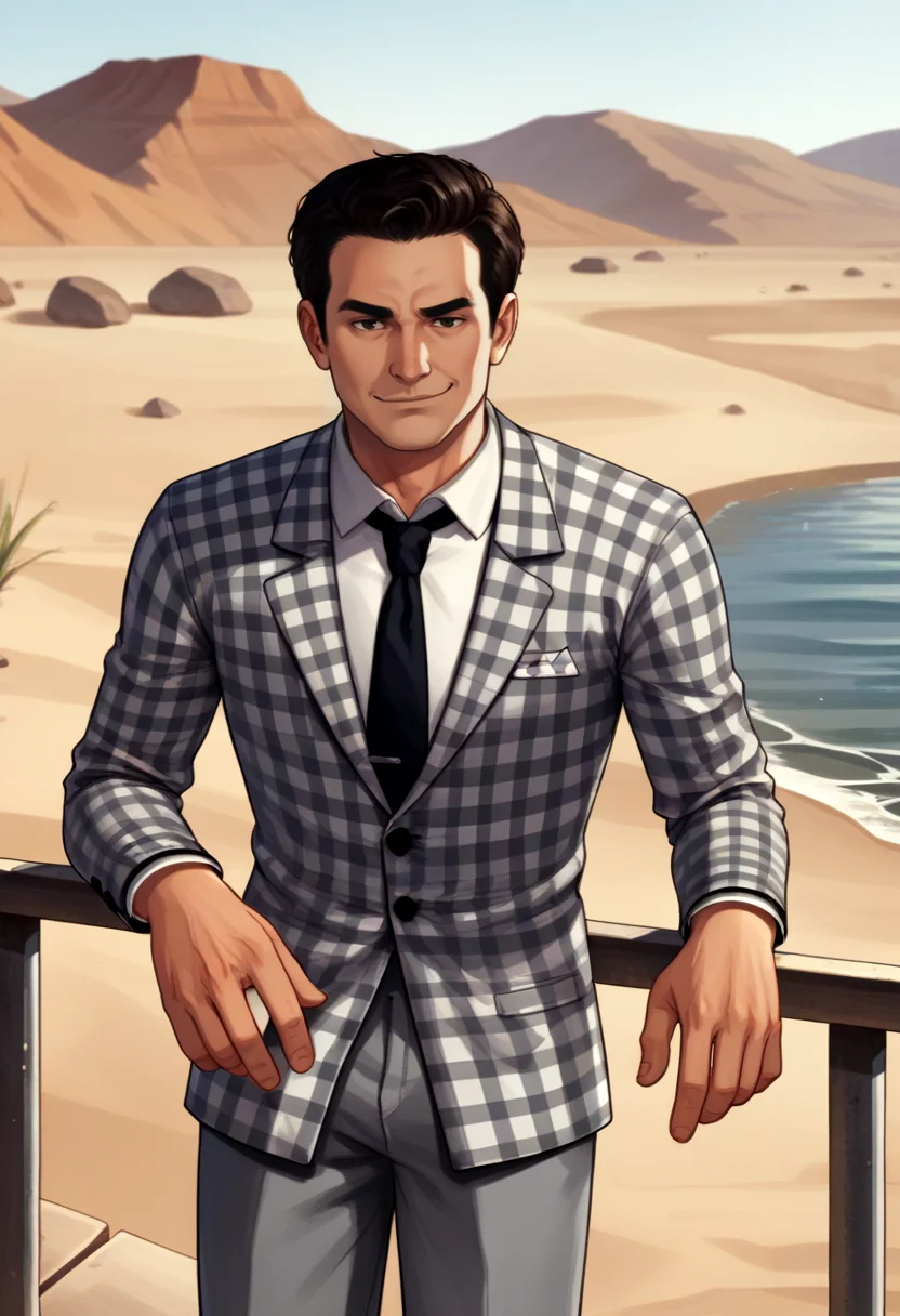 score_9, score_8_up, score_7_up, source_anime BREAK 1boy, solo, male focus, <lora:benny-fnv-richy-v1_pdxl:0.8> benny, black hair, short hair, checkered suit, black necktie, grey pants, outside, hoover dam, lake mead, railing, desert, rock, sand, leaning back, smirk, looking at viewer, colorado river