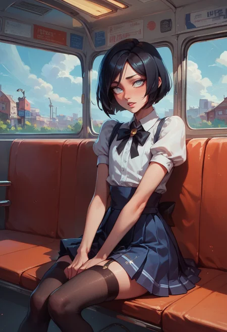 score_9, score_8_up, score_7_up, 1boy, femboy, otoko no ko, short hair, bob cut hair, black hair, grey eyes, gray eyes, feminine face, toned body, Shelly, blouse, skirt, stockings, solo, highly detailed, intricate, zzCitronLegacy, sitting, bus, inside bus, crowded, hands in lap, knees together