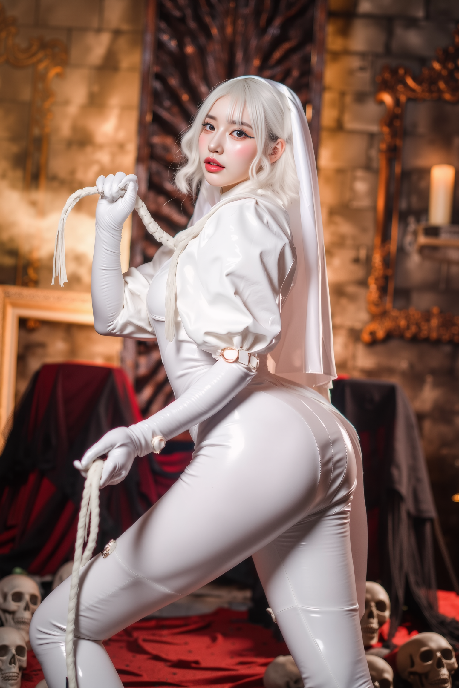 A professional, high-resolution image of a young woman is posed in a standing contrapposto stance, with subtle weight shifted to one leg to create a natural S-curve in the body silhouette. This classic posing technique creates visual interest and a sense of elegance.

She is wearing a white SGWN78Clothing with white hair color and veil.. Her makeup is dramatic, with dark eyeliner and bold, glossy pink lips. 

The lighting features a high-contrast, monochromatic white color scheme that creates a moody, intimate atmosphere. 

The photography technique uses what appears to be soft lighting to create a glamorous effect, with careful attention to highlighting contours while maintaining the dominant light brown color scheme throughout the frame.

The overall aesthetic combines elements of fashion photography, traditional Asian visual motifs, and contemporary boudoir styling. The dramatic light brown lighting creates a cohesive visual theme that ties all elements of the composition together.

The white light emit on her to show her feature.
