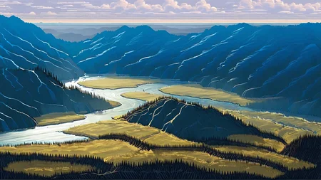 A sprawling mountain range with a winding river cutting through the valley <lora:bBackground:1.3>