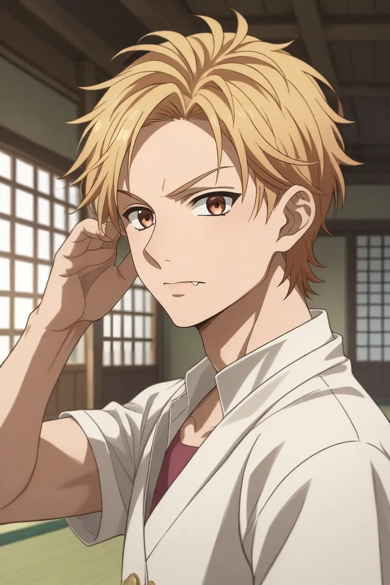 score_9, score_8_up, score_7_up, source_anime, rating_safe, , (realistic:0.6), looking at viewer, , 1boy, solo, male focus, <lora:haruki_serizawa_pony:0.82>, haruki_serizawa, blonde hair, brown eyes, short hair, from side, dojo, indoors, dark, jojo pose, skin fang, dalmatian costume, <lora:sdxl_lightning_8step_lora:1>