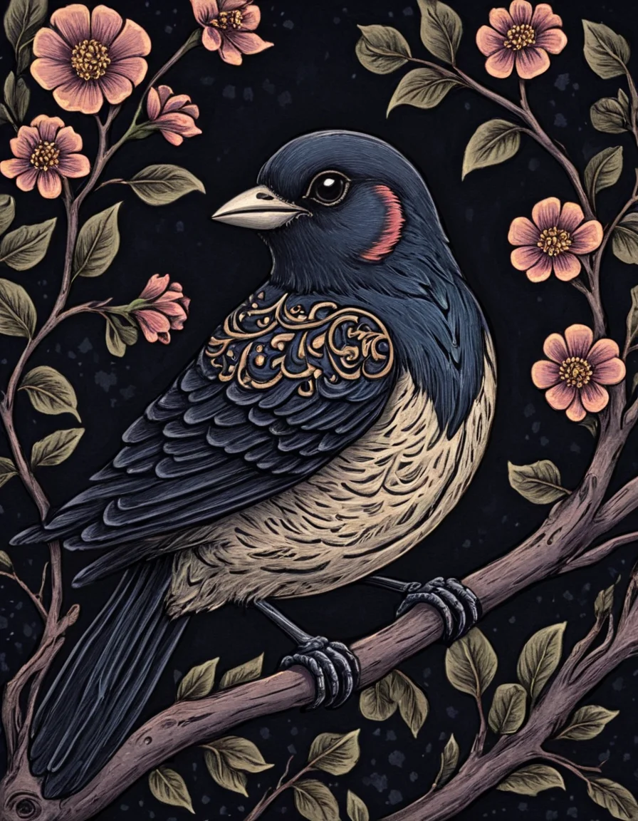 novuschroma81 style bird on a branch with flowers illustration <lora:novuschroma81 style:1>