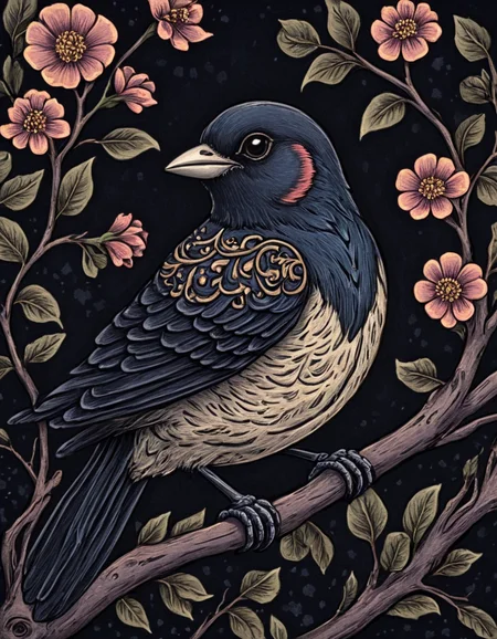 novuschroma81 style bird on a branch with flowers illustration <lora:novuschroma81 style:1>