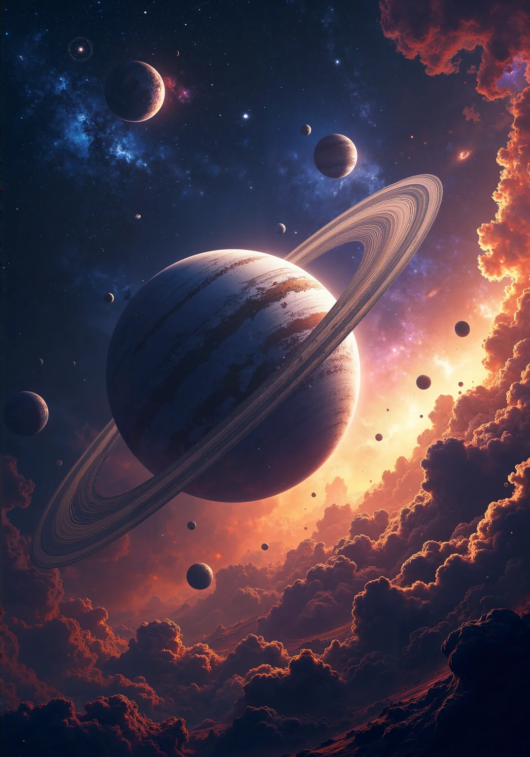 Majestic cosmic planet, intricate swirling rings, diverse moons, and textured terrains merging with luminous nebulas, sparkling stars, and glowing galaxies. Detailed planetary features include icy craters and volcanic ridges amidst dynamic cloud formations. Radiant hues of deep blues, fiery oranges, and vibrant purples illuminate expansive vistas and harmonious spatial dynamics. Ultra high definition, 8K masterpiece, intricate textures, and awe-inspiring cosmic dust enhance the celestial serenity and epic grandeur of outer space. <lora:RM_Artistify_v1.0M:0.2> <lora:Mezzotint_Artstyle_for_Flux_-_by_Ethanar:0.3> <lora:It's a LoRA for portraits, BUT! actually specialized in backgrounds. v1.0:0.7> <lora:flux_dev:1>