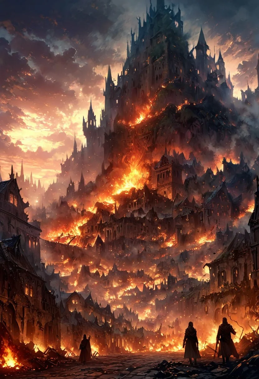 detailed background,( destroyed city night landscape), amongst ruined burning houses. middle age city, fire and smoke, beautiful view, people are hiding, burning giant tree, early morning, sunrise sky, smokes are rising, dappled sunlight, outdoor seating, rock road, castle is destroyed, burning, depth of field, masterpiece, best quality, ultra-detailed, very aesthetic, illustration, perfect composition, intricate details, absurdres, moody lighting, wisps of light, no humans,