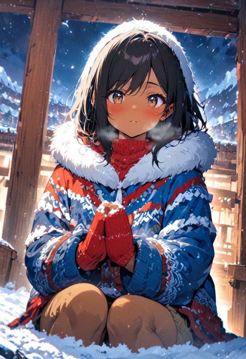 cowboy shot, high angle, sitting, asymmetrical background, 1woman, solo, long hair, black hair, Nepal style, long colorful red fur parka,  dark brown eyes, breath fog, eyeliner, brown pants, gorgeous lips, brown skin, tan skin, exploring, fur lined hood, side swept bangs, red mittens, blue snow boots, quaint wooden mountain village,Himalayas, snow falling, winter season, windy, snow filled sky, night time,wooden shrine, praying, incense, calm, ultra detailed eyes, (masterpiece), (best quality), (ultra-detailed), very aesthetic, illustration, knee high snow, blizzard weather, perfect composition, intricate details, absurdres, 
(anime, masterpiece, intricate:1.3), (best quality, hires textures, high detail:1.2), (4k),(incredibly detailed:1.4), perfect anatomy, graceful face, slim, gorgeous lips, UHD, 8K, ultra detailed, a cinematic photograph of HDR photo, full body photo of a beautiful natural woman,