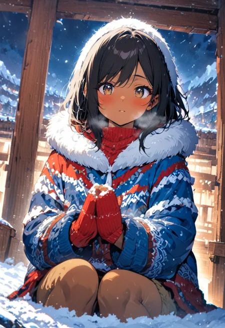 cowboy shot, high angle, sitting, asymmetrical background, 1woman, solo, long hair, black hair, Nepal style, long colorful red fur parka, dark brown eyes, breath fog, eyeliner, brown pants, gorgeous lips, brown skin, tan skin, exploring, fur lined hood, side swept bangs, red mittens, blue snow boots, quaint wooden mountain village,Himalayas, snow falling, winter season, windy, snow filled sky, night time,wooden shrine, praying, incense, calm, ultra detailed eyes, (masterpiece), (best quality), (ultra-detailed), very aesthetic, illustration, knee high snow, blizzard weather, perfect composition, intricate details, absurdres,
(anime, masterpiece, intricate:1.3), (best quality, hires textures, high detail:1.2), (4k),(incredibly detailed:1.4), perfect anatomy, graceful face, slim, gorgeous lips, UHD, 8K, ultra detailed, a cinematic photograph of HDR photo, full body photo of a beautiful natural woman,