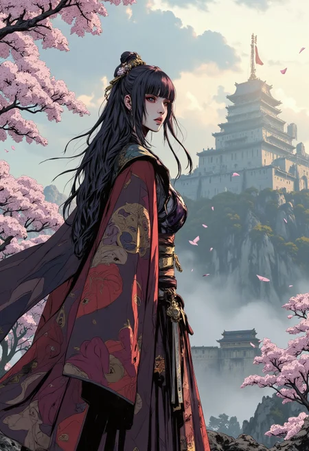 in the style of cksc,, in the style of ckcr, image of Japanese warrior woman, long hair, bangs, standing in front of a fortress partly obscured my mist, weak sunlight struggling to break through, with sakura petals blowing in the wind, looking over her shoulder at viewer