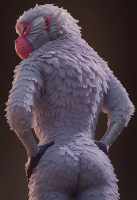 1girl, furry, female japanese macaque, ape, primate girl, anthro, white fur, dark pink skin, pink ears, brown eyes, grey hands, grey feet, Expressiveh, realistic, 3d, score_8_up, score_7_up, BREAK, 1girl, solo, cute, from behind, looking back, from below, hands on hips, head tilt, looking at viewer, detailed background, 4k, masterpiece, best quality, highly detailed, realistic, low-angle shot