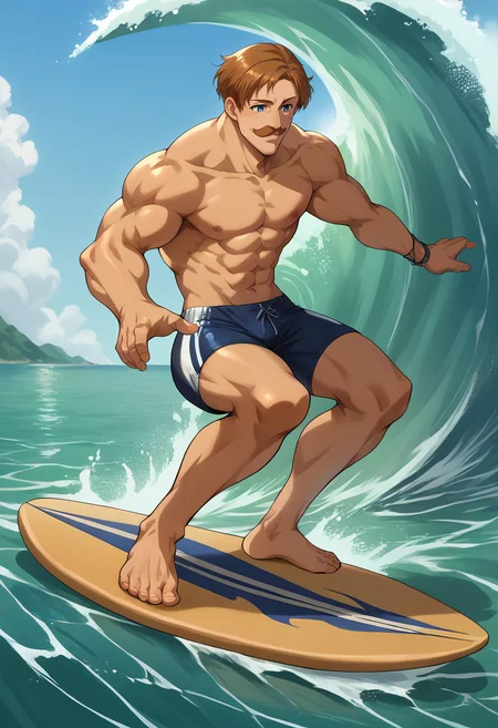 score_9, score_8_up, score_7_up, source_anime, 1boy, solo, Escanor, muscular, short hair, brown hair, mustache, blue eyes, incrssurfing, surfing, swimsuit, barefoot, surfboard, smile, <lora:Surfing_XLPD:1>, <lora:ChamEscanorPonyXL:1>