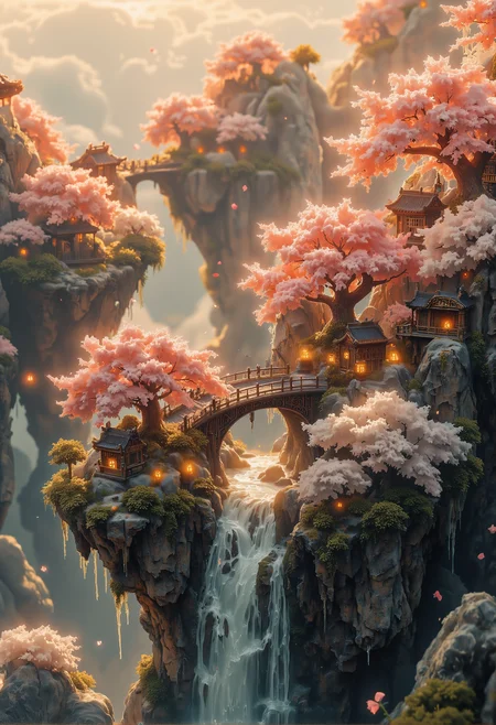 Tiny floating islands suspended high in the sky, each interconnected by delicate wooden bridges adorned with intricate carvings in a traditional Japanese style. The small islands are densely populated with vibrant cherry blossom trees in full bloom, their soft pink petals glowing in the golden light of a dreamlike sunset. Among them, almond blossom trees add subtle white accents, blending beautifully with miniature cascading waterfalls that trickle gently into the misty void below.  The petite bridges sway lightly with the breeze, their lanterns glowing softly, adding to the serene atmosphere. Gentle gusts of wind send a flurry of petals and leaves drifting through the air, weaving a hypnotic pattern of motion. The scene feels ethereal and tranquil, as if plucked from the pages of an ancient legend, with time seemingly frozen in the peaceful flow of natureâs quiet dance. <lora:Magic_of_Art_(FLUX).safetensors:0.5>,  <lora:fantasy-flux-v1.safetensors:1.0>,  <lora:NotTheRealWorld-v55-000010.safetensors:0.5>,