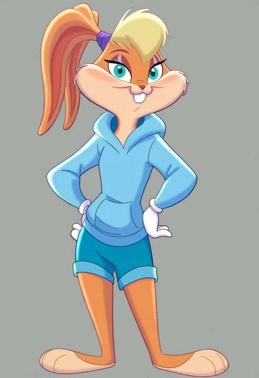 score_7_up, score_8_up, score_9, masterpiece, high quality,
LolaBunnySJ2, furry, cartoon, anthro rabbit, looney tunes style, female, solo, 1girl,
blond hair, beige body, green eyes, purple hairband,
white gloves, light blue hoodie, dark blue shorts, bare feet,
smiling, looking at viewer, hand on hip,
standing, facing forward, front view, full body view, full body
