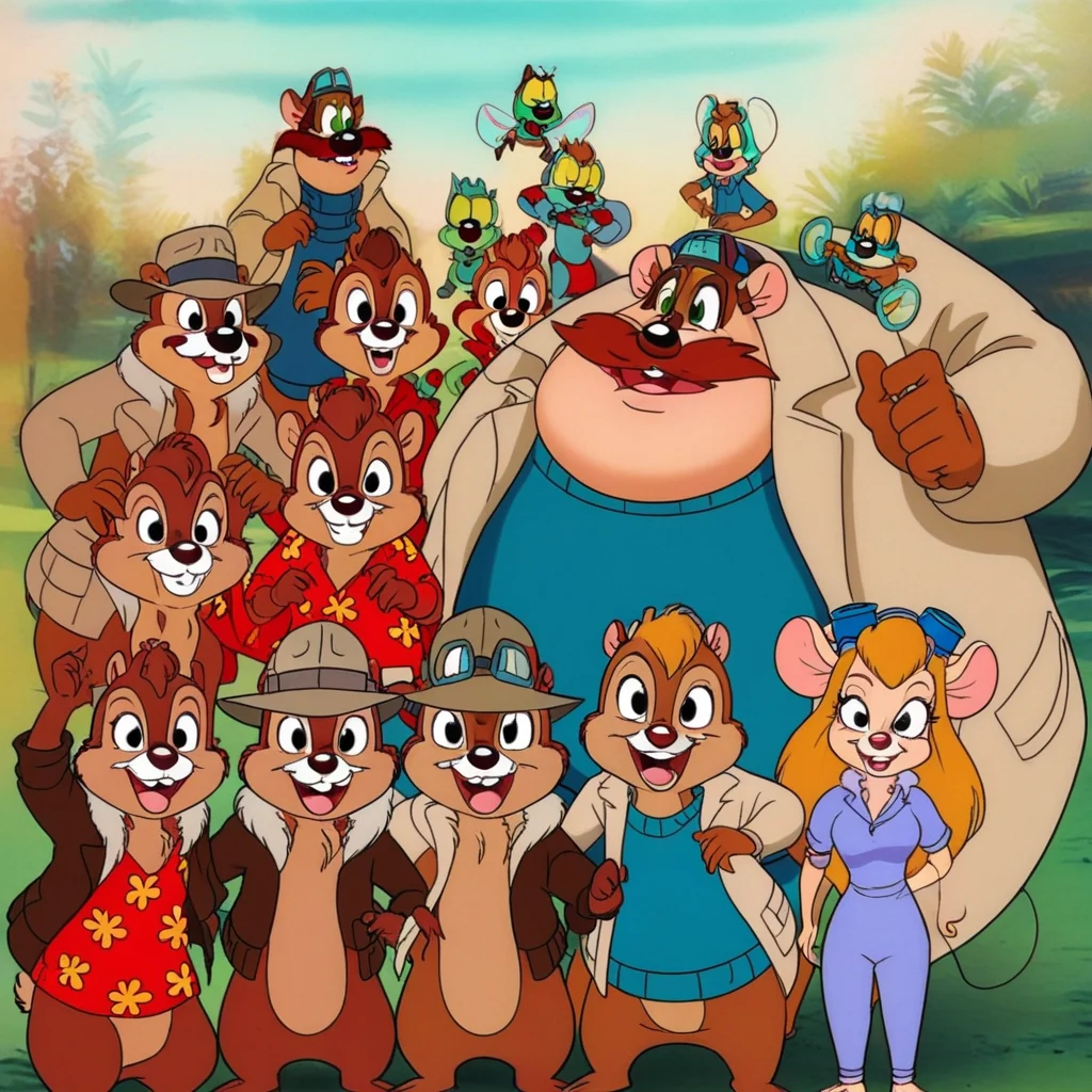 helmet, red t-shirt, mouse tail, 1girl, brown jacket, goggles, 1fly boy, beige jacket, red hair, 5characters, fly wings, 2chipmunk boys, chipmunk tail, red big mustache, 1mouse boy, furry, 1mouse girl, blue overalls, red shirt, fur collar, anthro, blue sweater, 4boys, hat