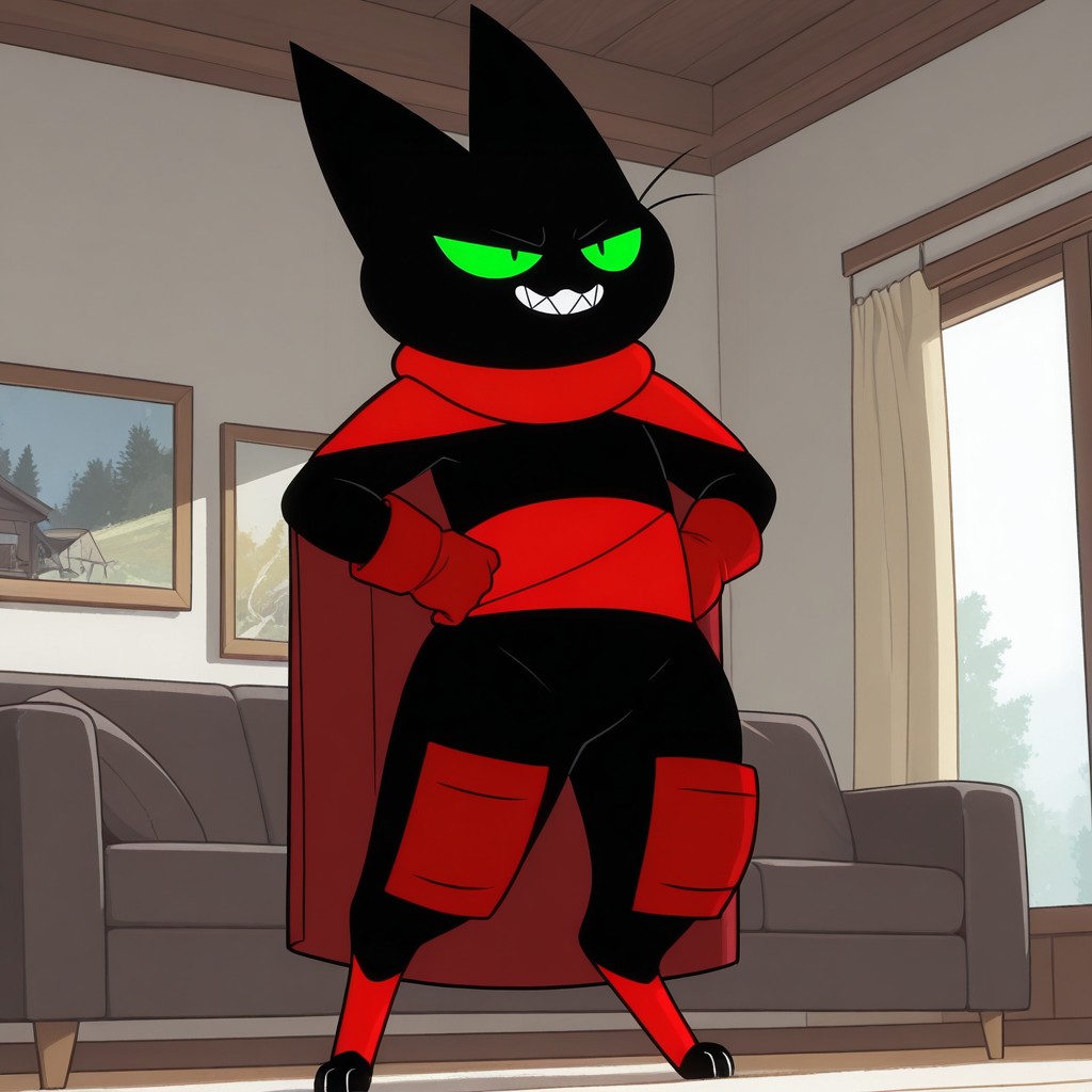 masterpiece, best quality, amazing quality, m4om4o, male, furry male, anthro, solo, cat, black fur, green sclera, black pupils, whiskers, sharp teeth, sharp nails, paw pads, red cape, red sash, red gloves, red knee guards, red ankle bands, standing, confident smirk, hands on hips, indoors, living room
