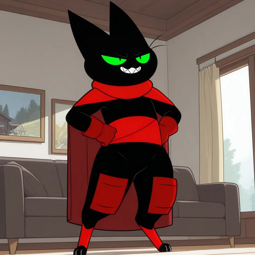masterpiece, best quality, amazing quality, m4om4o, male, furry male, anthro, solo, cat, black fur, green sclera, black pupils, whiskers, sharp teeth, sharp nails, paw pads, red cape, red sash, red gloves, red knee guards, red ankle bands, standing, confident smirk, hands on hips, indoors, living room