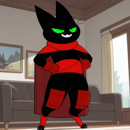 masterpiece, best quality, amazing quality, m4om4o, male, furry male, anthro, solo, cat, black fur, green sclera, black pupils, whiskers, sharp teeth, sharp nails, paw pads, red cape, red sash, red gloves, red knee guards, red ankle bands, standing, confident smirk, hands on hips, indoors, living room
