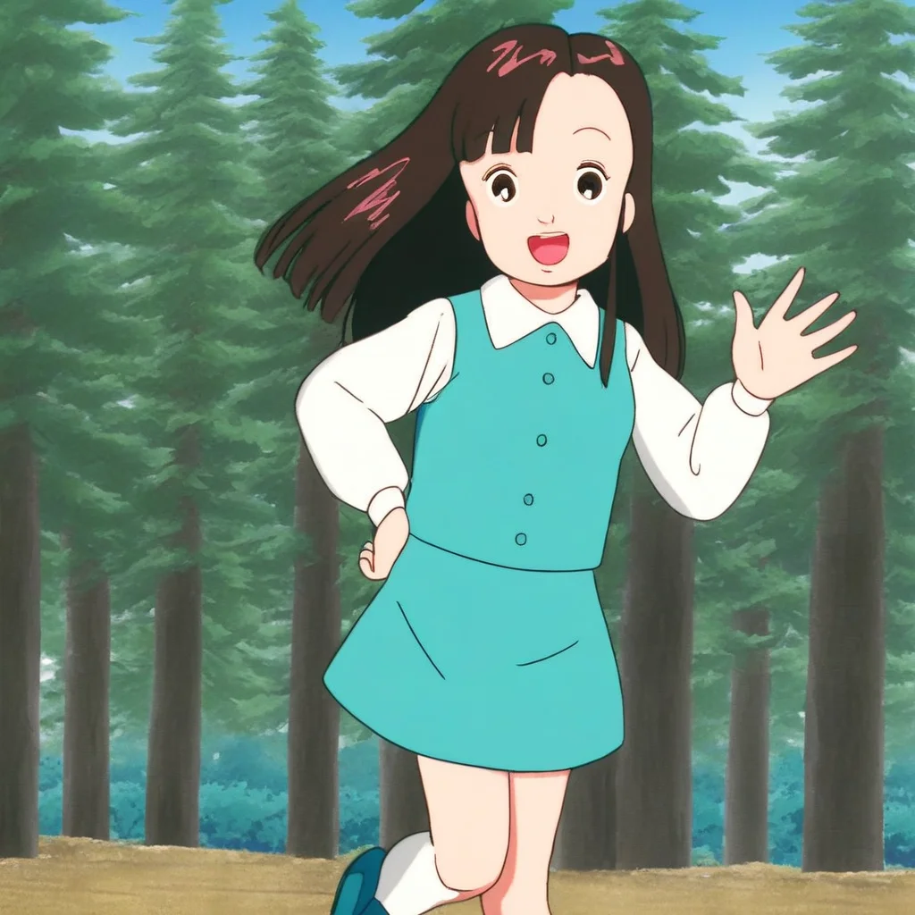 source_anime, 1girl, solo, ymktndo, black long hair, dark brown eyes, teal buttoned collared vest, white long-sleeves, teal skirt, white socks, blue shoes, looking at viewer, smile, opened mouth, waving hand, hand on hip, standing, trees, blue sky, outdoors