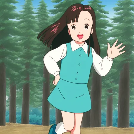 source_anime, 1girl, solo, ymktndo, black long hair, dark brown eyes, teal buttoned collared vest, white long-sleeves, teal skirt, white socks, blue shoes, looking at viewer, smile, opened mouth, waving hand, hand on hip, standing, trees, blue sky, outdoors