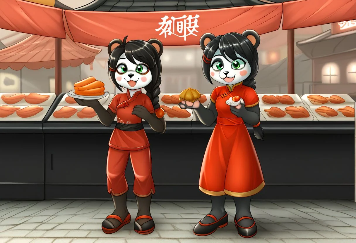 zPDXLxxx, YayaPandaPXL, furry,furry female, animal ears, green eyes, braid, black hair, panda ears, hair over shoulder, hair ornament, animal nose, blush, blush stickers, happy, simple chinese red dress, joyful, black chinese pants, black chinese shoes, eating chinese street food, china street market night background, cheerful, happy customers, chinese night food market, chinese nightlife, crowded streets,